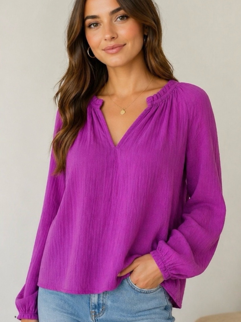 GAP NWT Deep Magenta Gauze Blouse Long Sleeve Boho Peasant Top Size XS
